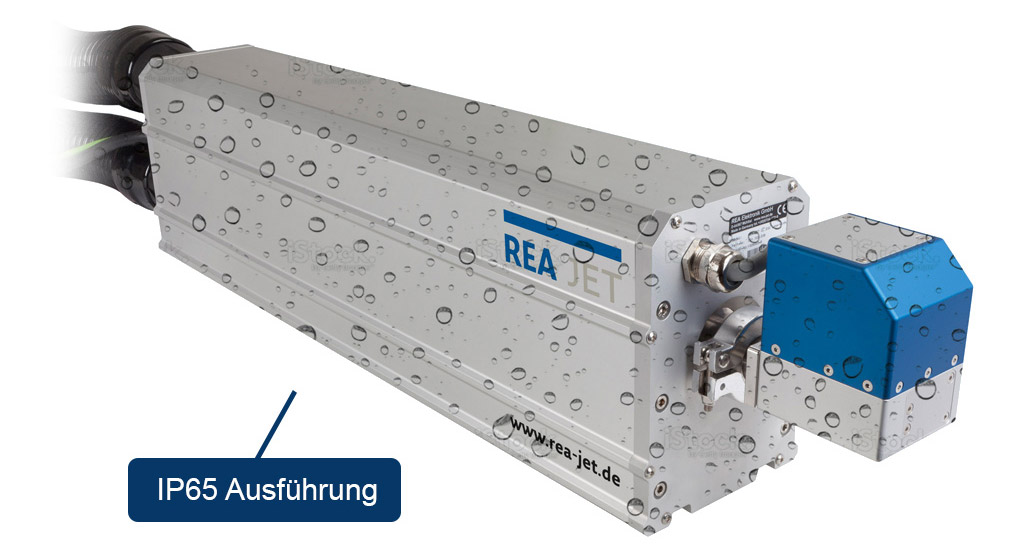 REA JET Laser CL Lasereinheit IP65-Ausführung mit Wassertropfen und Beschriftung