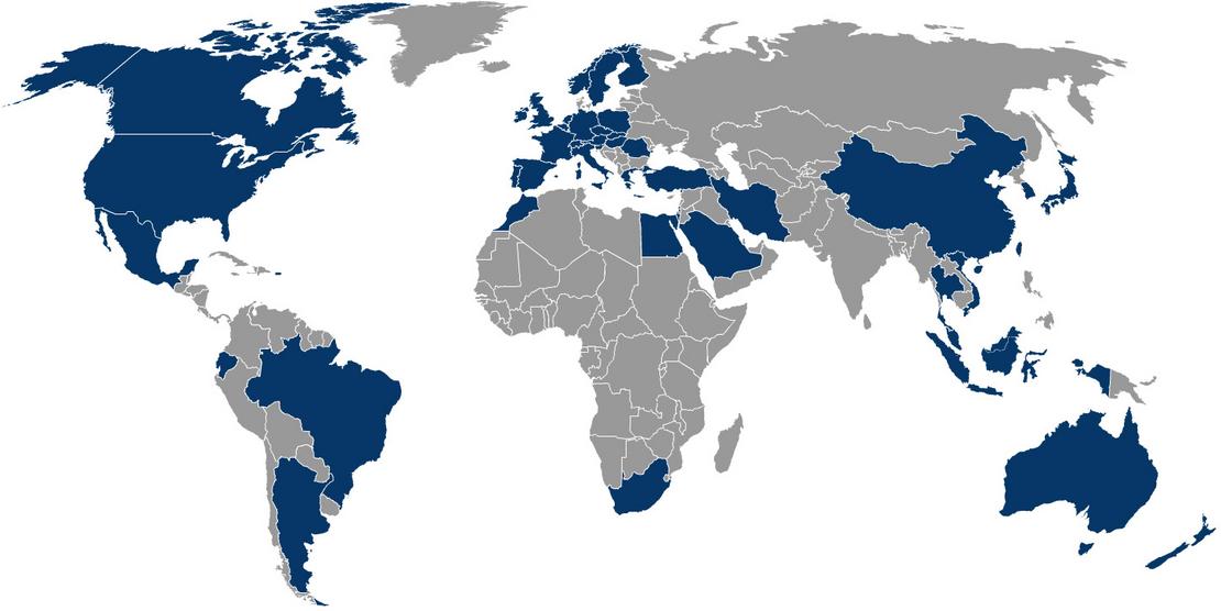 Weltkarte mit blau markierten Ländern